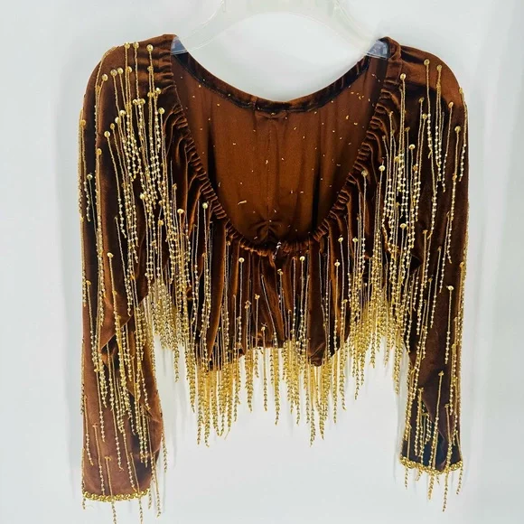 Brown Velvet Top & Shirt w/ Gold Fringe Beading 2 Piece Set Vintage Dance Outfit - Picture 3 of 8